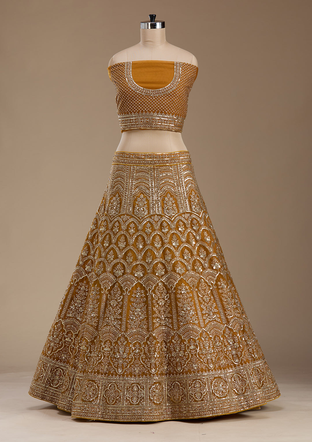 Koskii Net Golden Lehenga – Luxurious Zari Embroidery