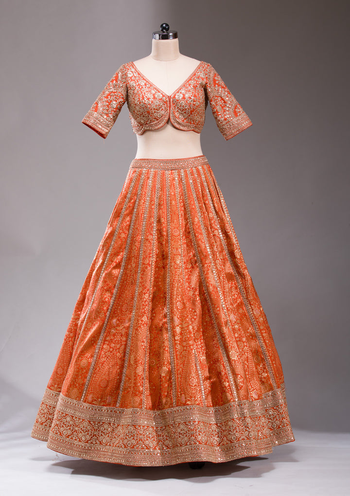 Orange Cording Banarasi Readymade Lehenga
