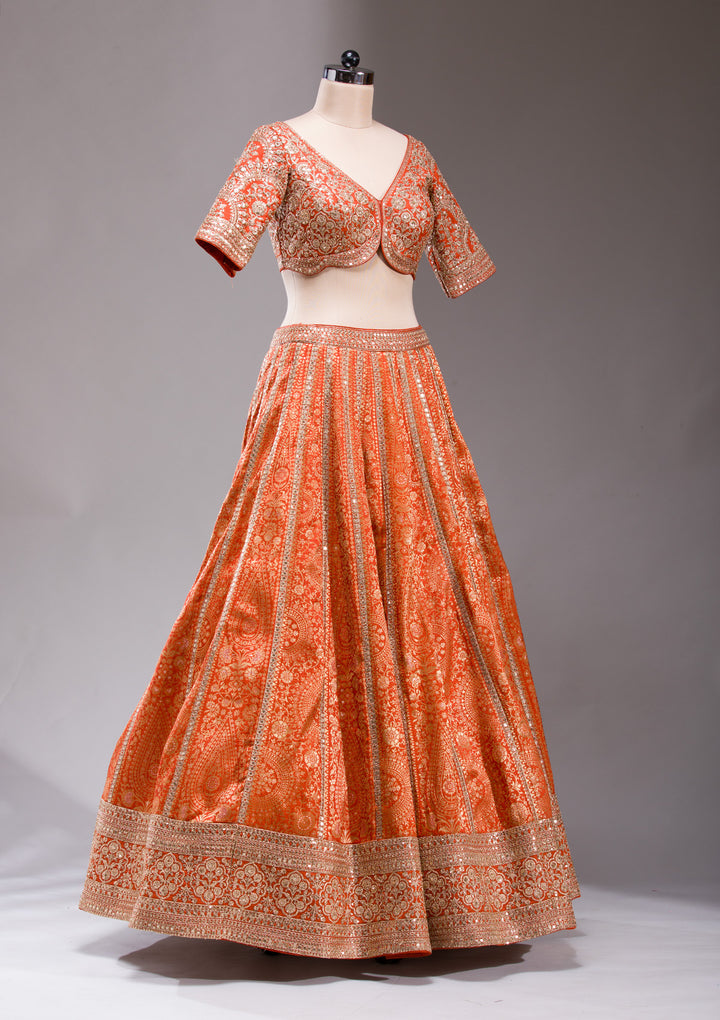 Orange Cording Banarasi Readymade Lehenga
