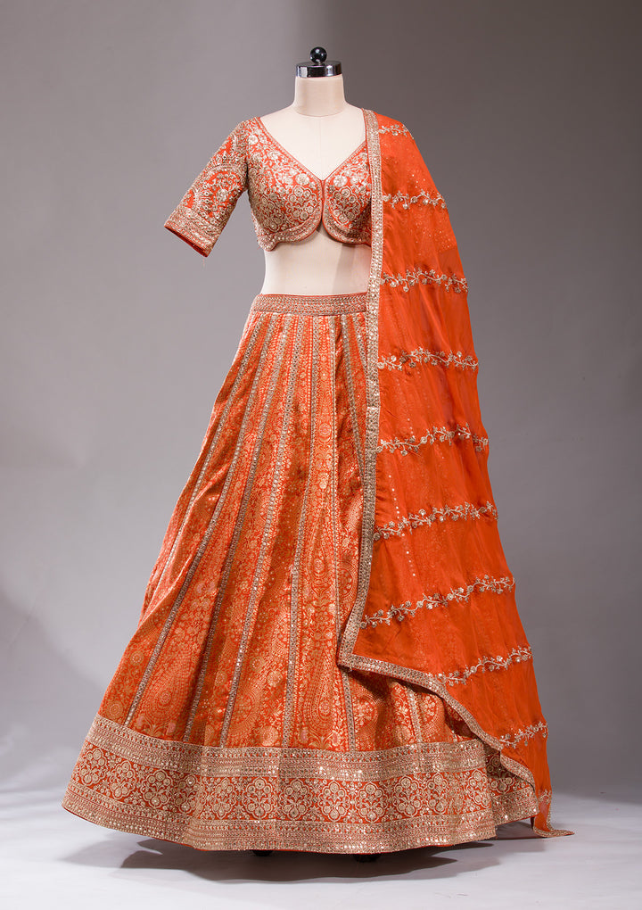 Orange Cording Banarasi Readymade Lehenga