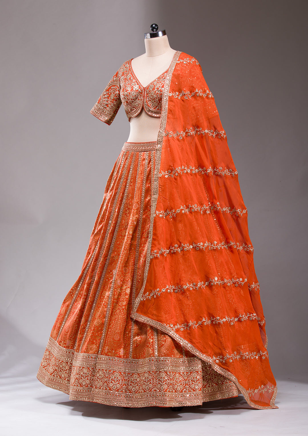 Orange Cording Banarasi Readymade Lehenga