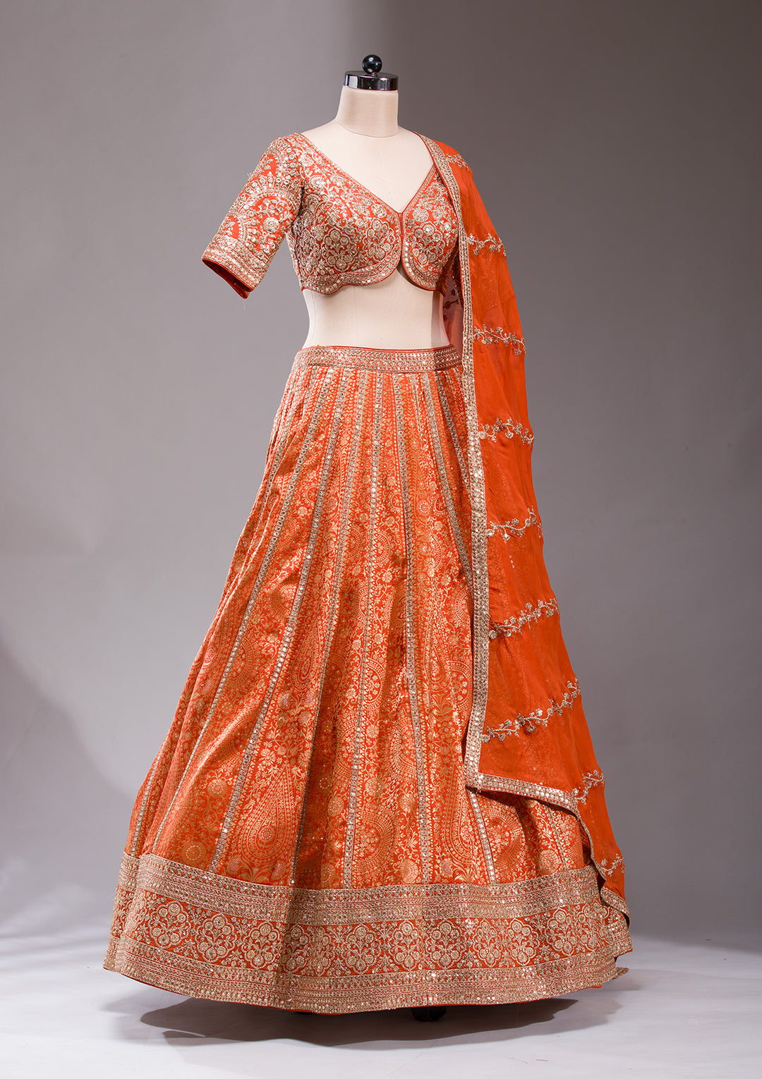 Orange Cording Banarasi Readymade Lehenga