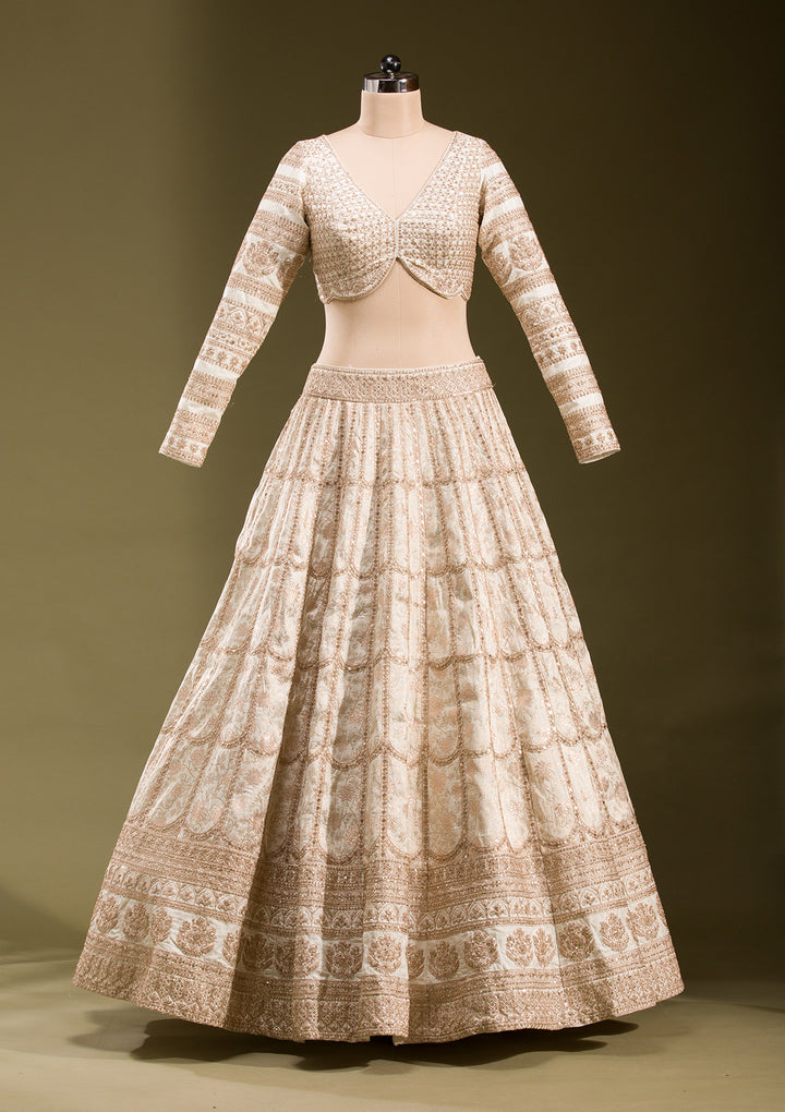 Off White Cording Banarasi Readymade Lehenga