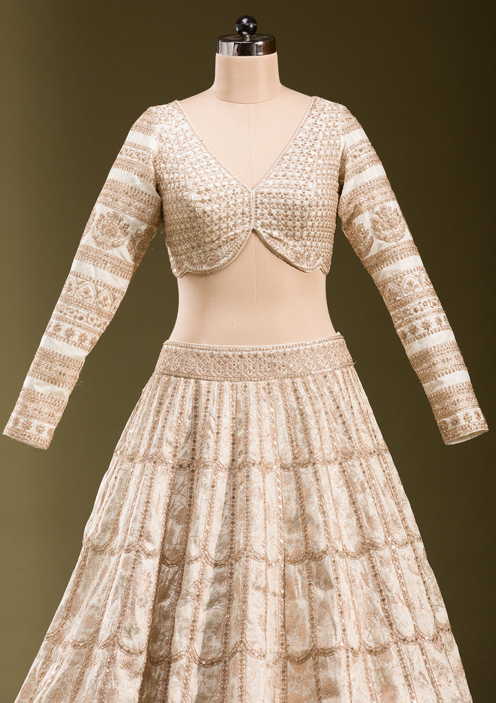 Off White Cording Banarasi Readymade Lehenga