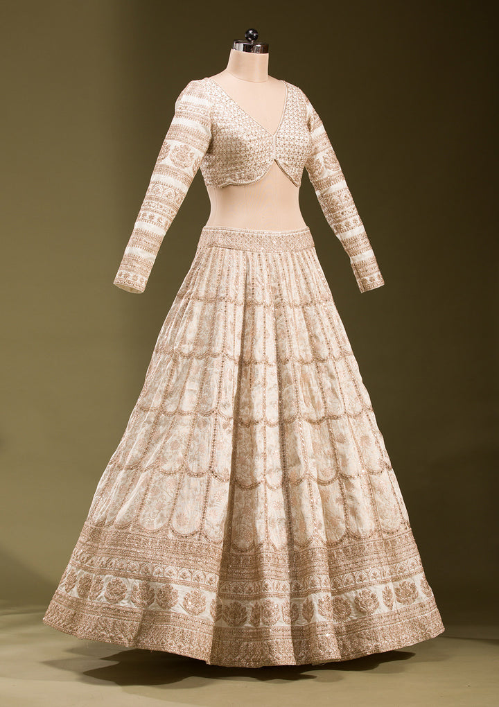 Off White Cording Banarasi Readymade Lehenga