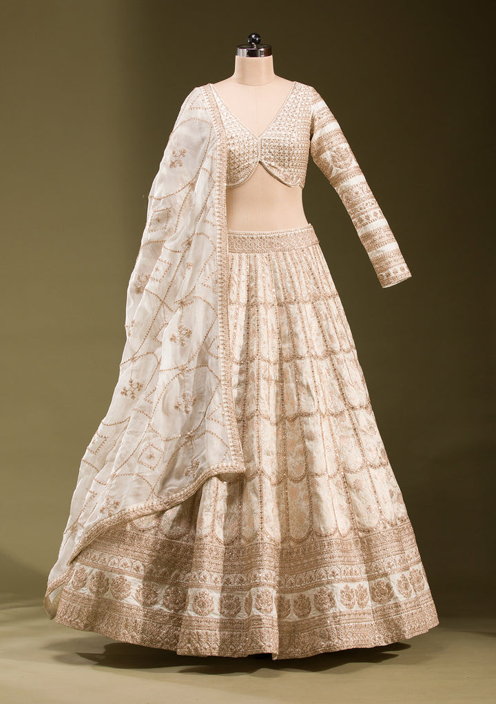 Off White Cording Banarasi Readymade Lehenga