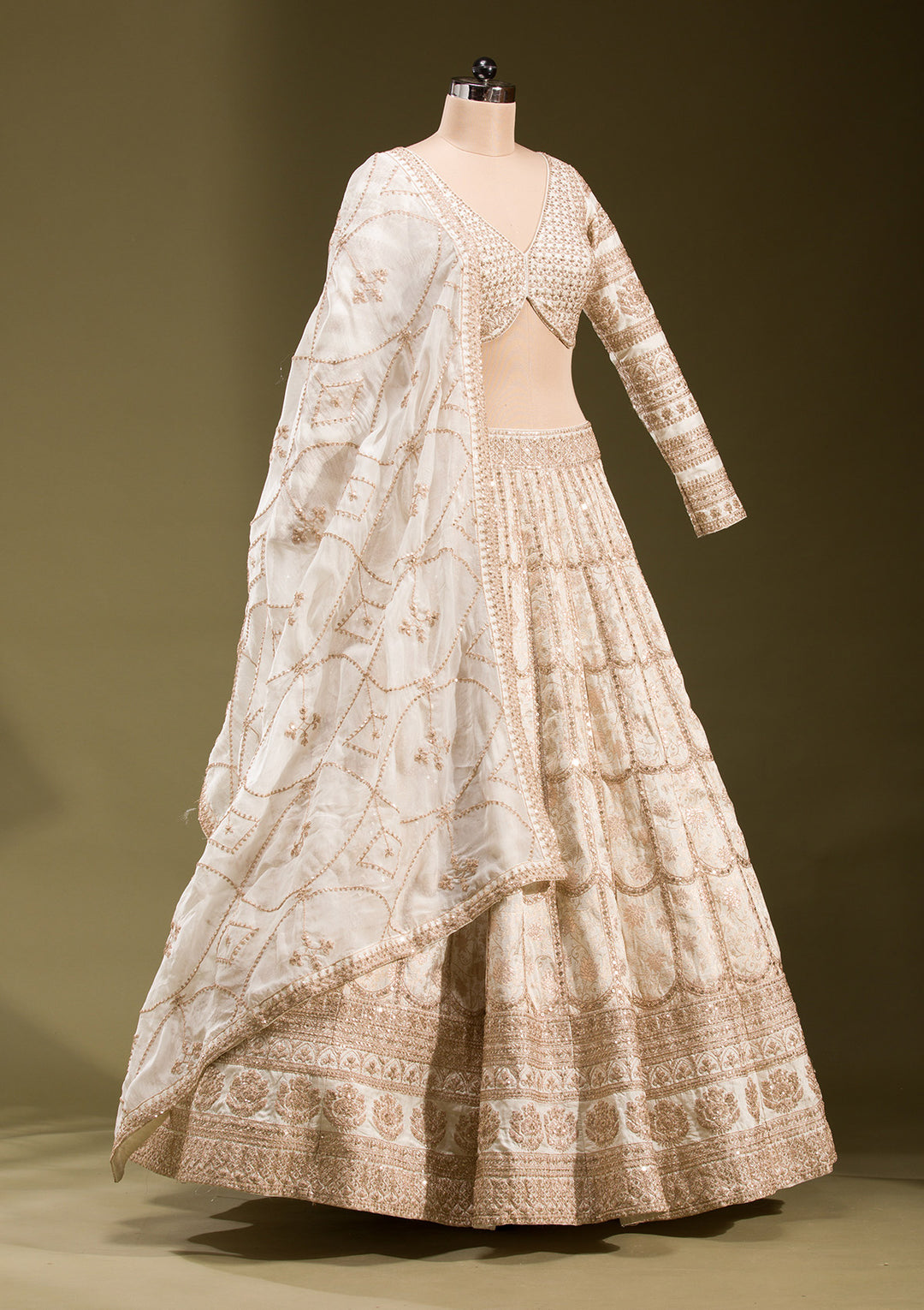 Off White Cording Banarasi Readymade Lehenga