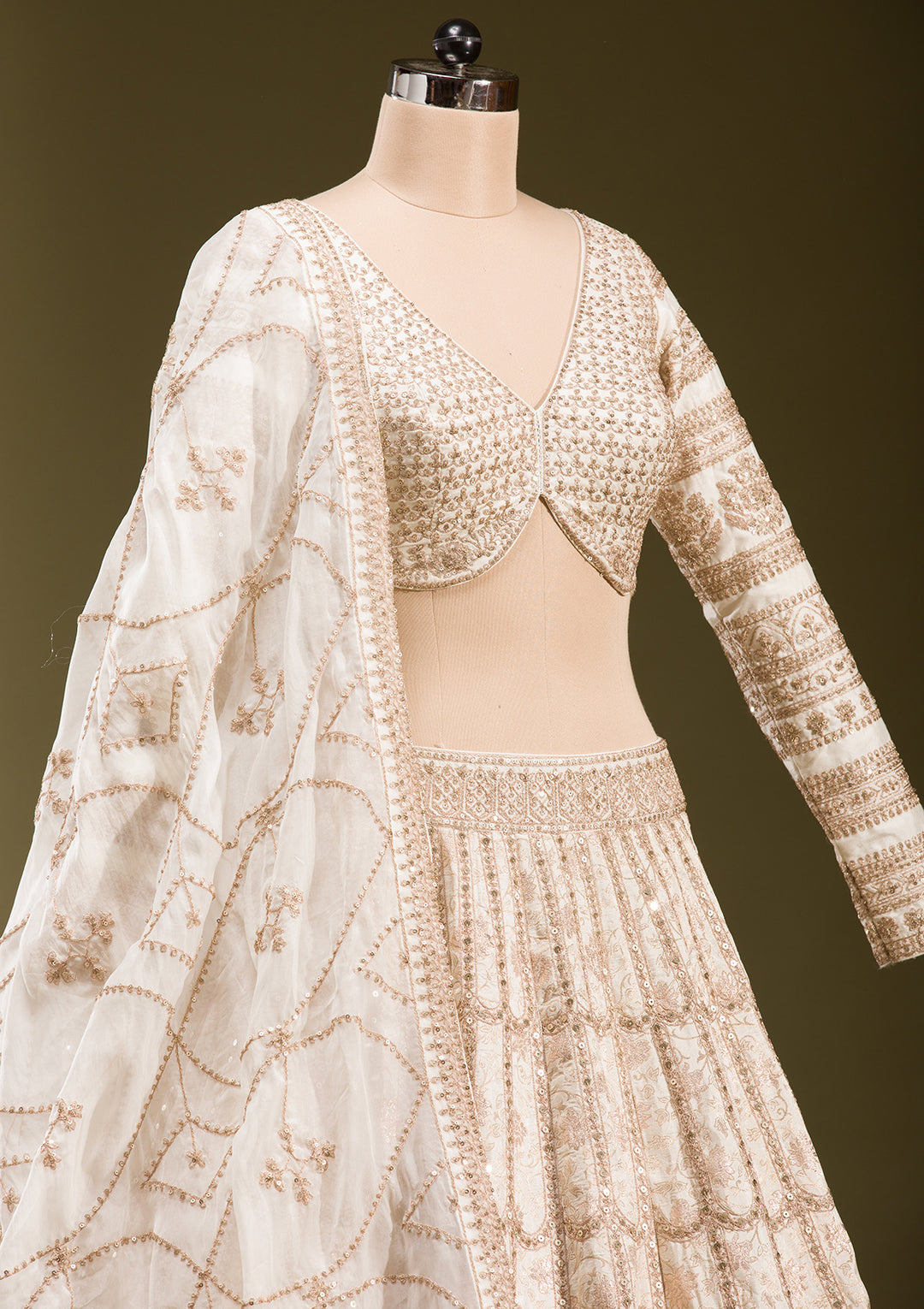 Off White Cording Banarasi Readymade Lehenga