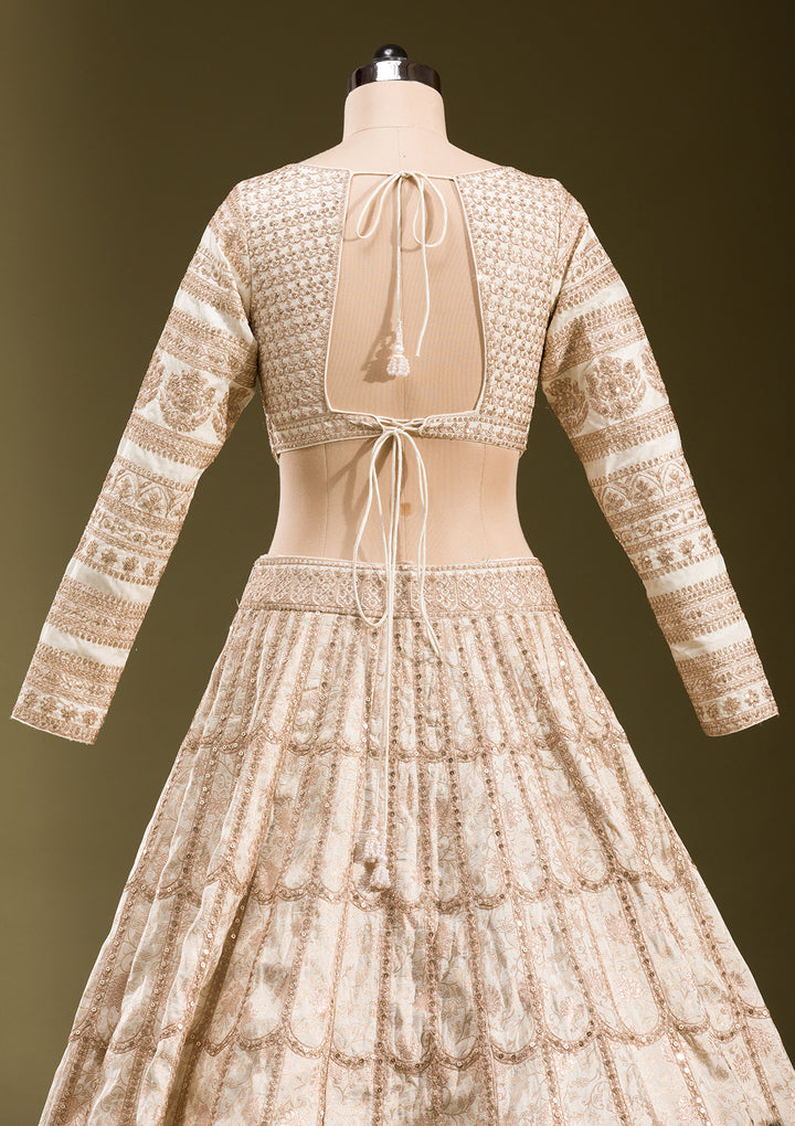 Off White Cording Banarasi Readymade Lehenga