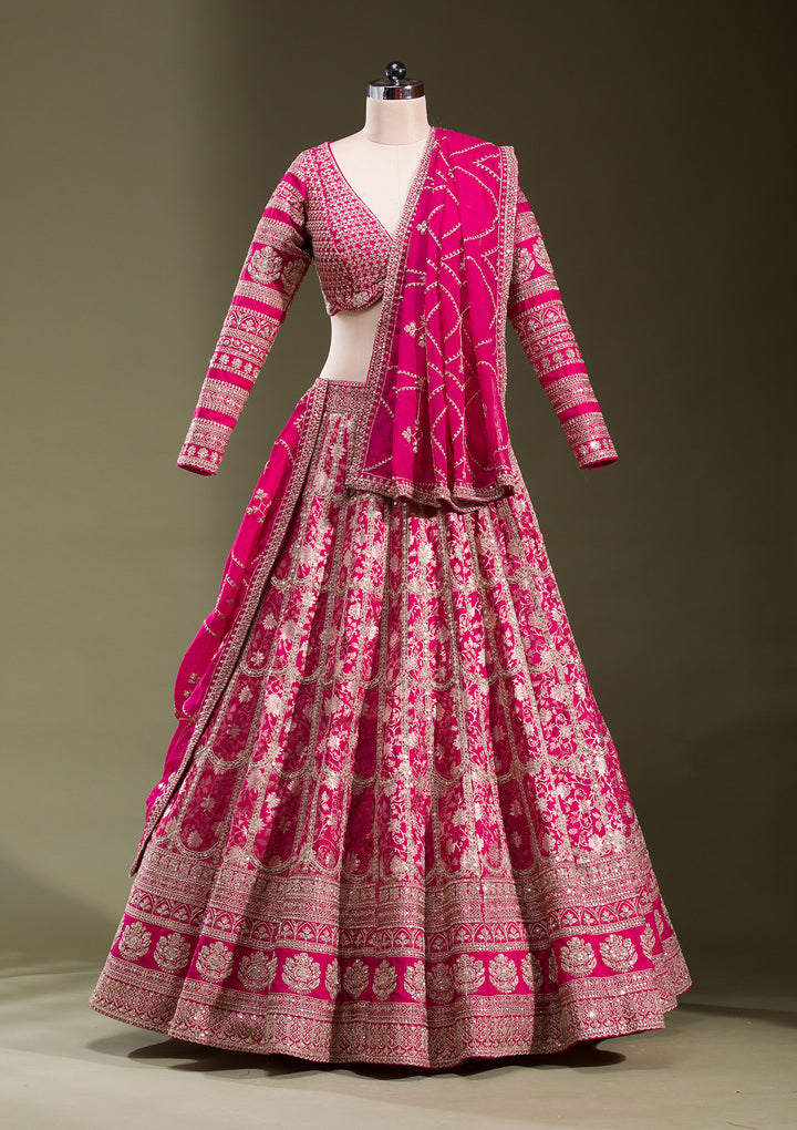 Rani Pink Cording Banarasi Readymade Lehenga
