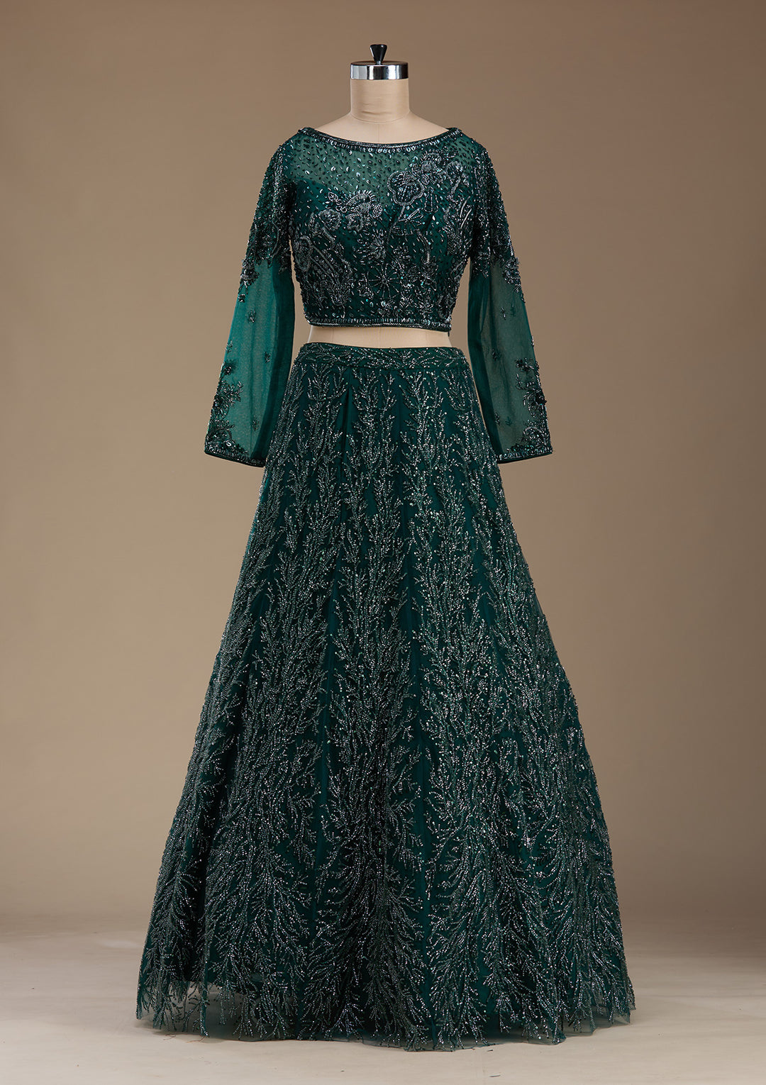 Bottle Green Stonework Net Readymade Lehenga