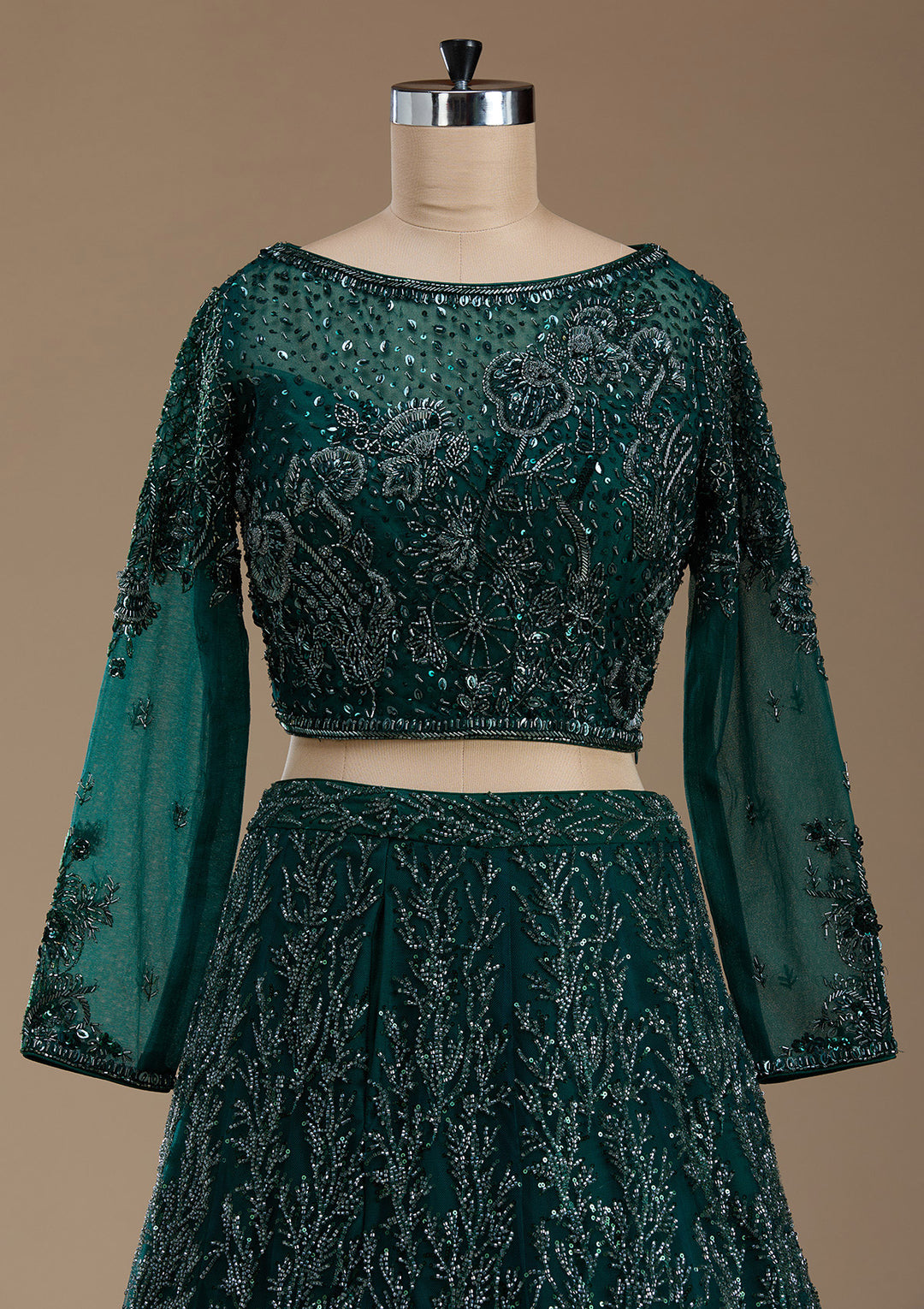 Bottle Green Stonework Net Readymade Lehenga