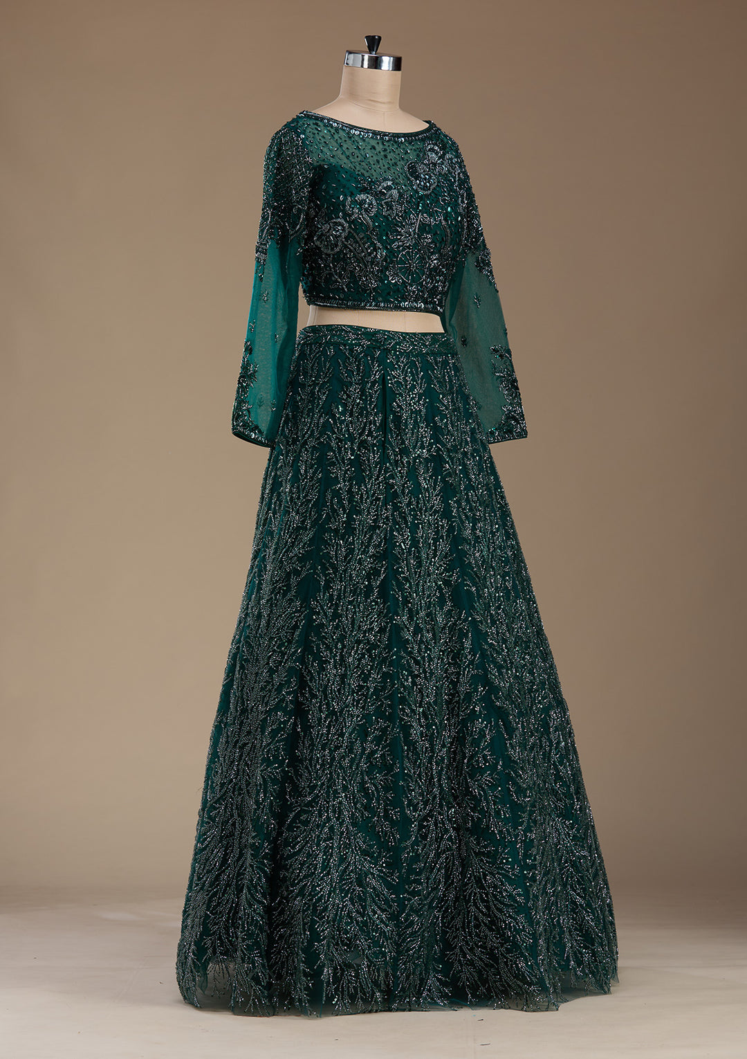 Bottle Green Stonework Net Readymade Lehenga