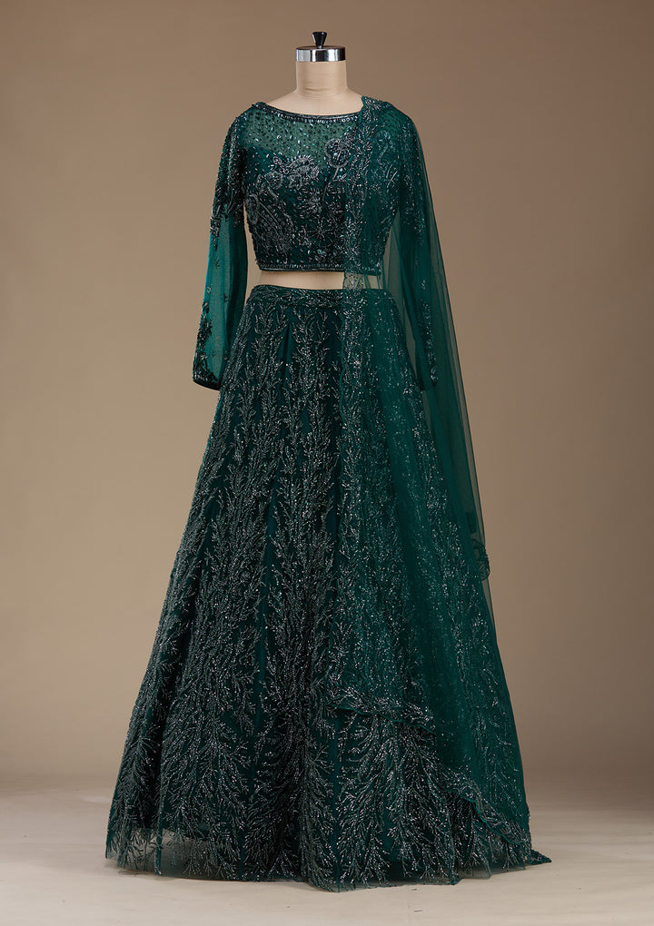 Bottle Green Stonework Net Readymade Lehenga