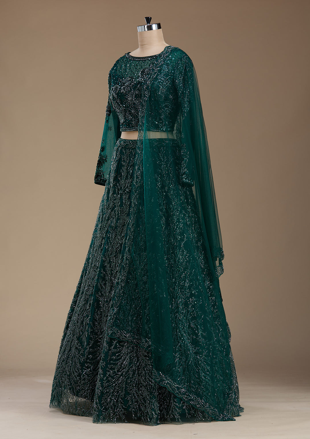 Bottle Green Stonework Net Readymade Lehenga