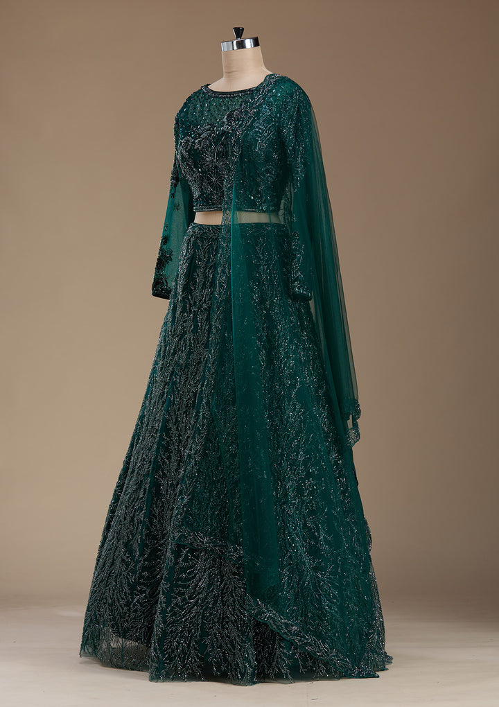 Bottle Green Stonework Net Readymade Lehenga