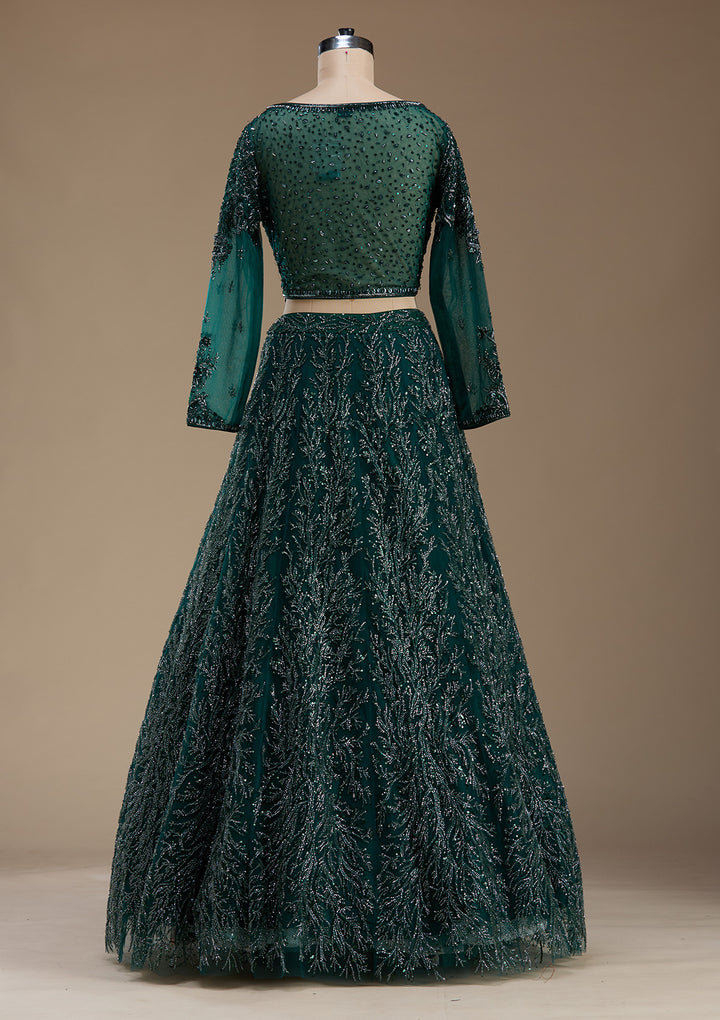 Bottle Green Stonework Net Readymade Lehenga