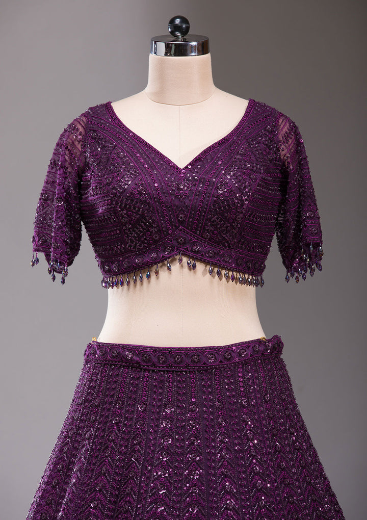 Wine Cutdana Net Readymade Lehenga