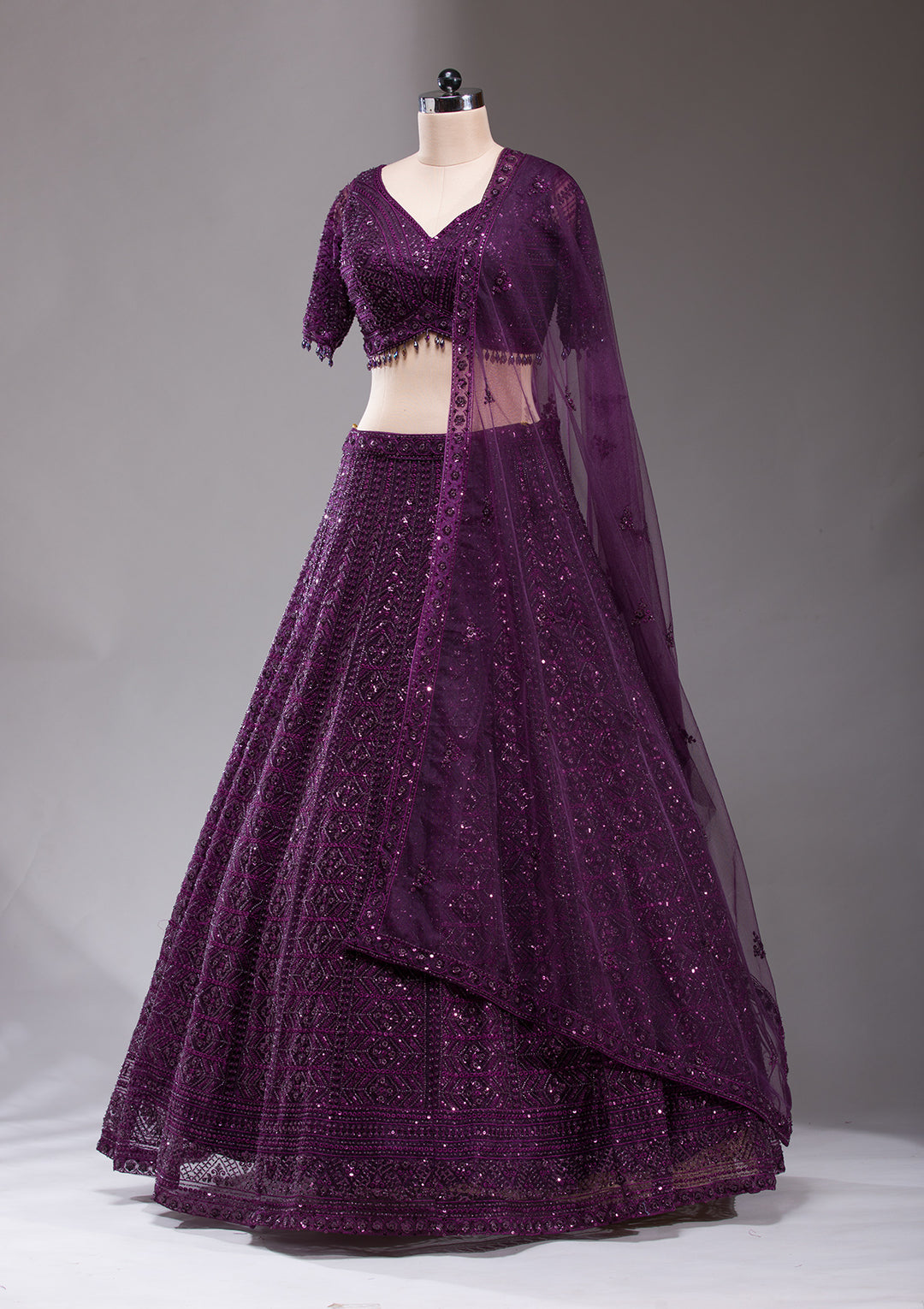 Wine Cutdana Net Readymade Lehenga