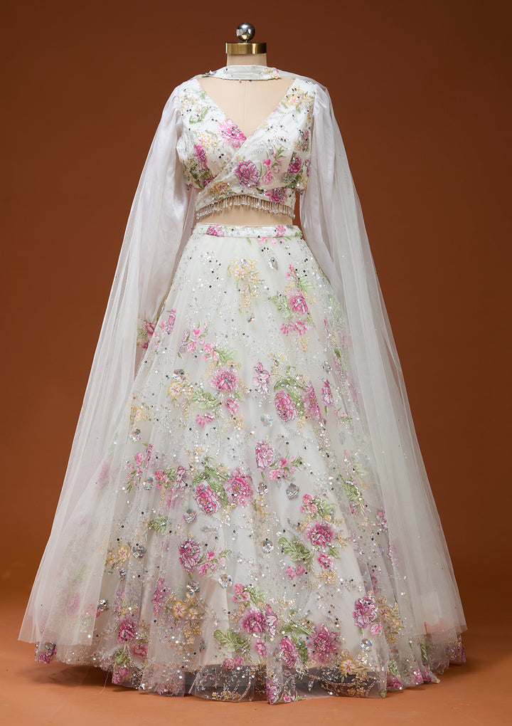 Off White Applique Net Fabric Readymade Lehenga
