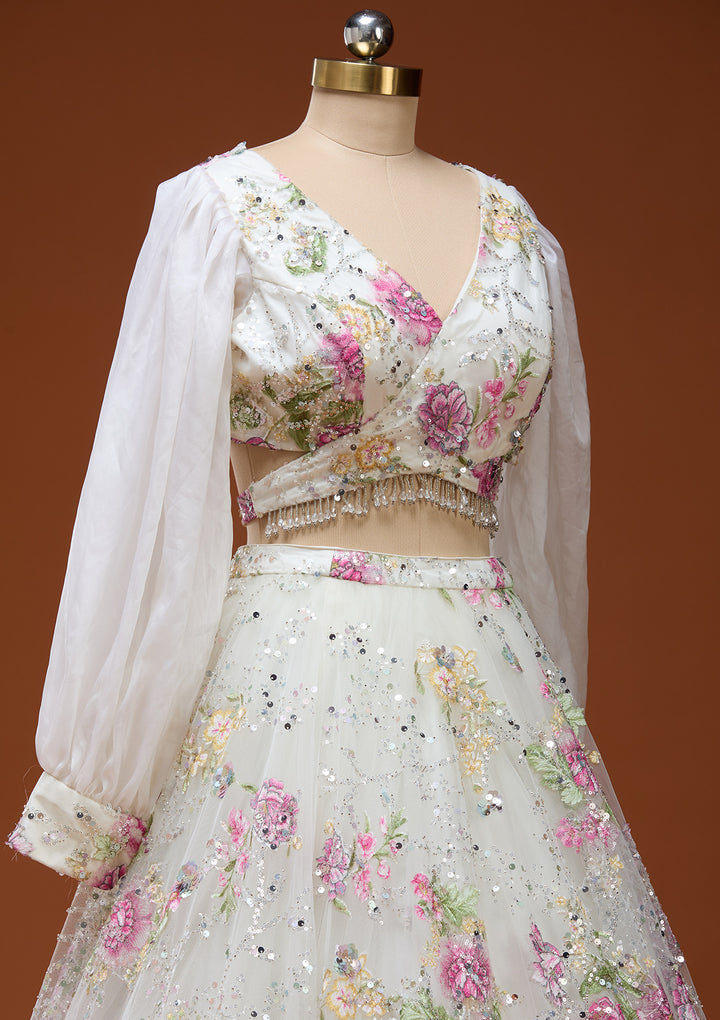 Off White Applique Net Fabric Readymade Lehenga