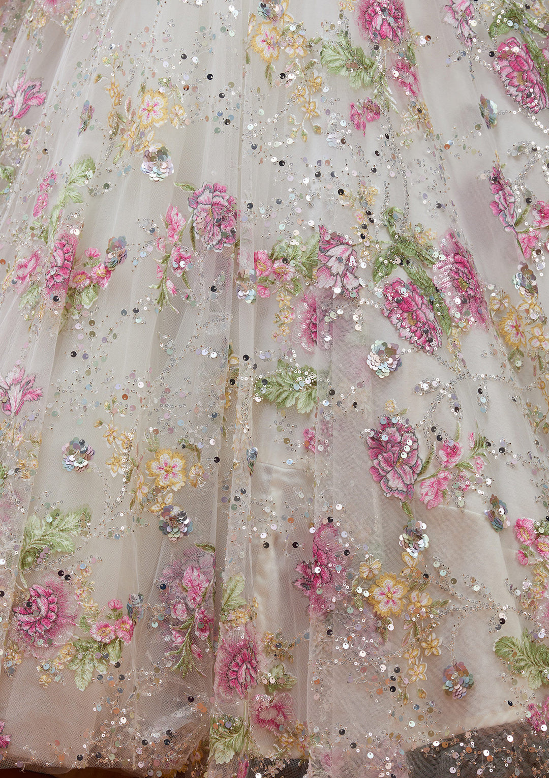 Off White Applique Net Fabric Readymade Lehenga