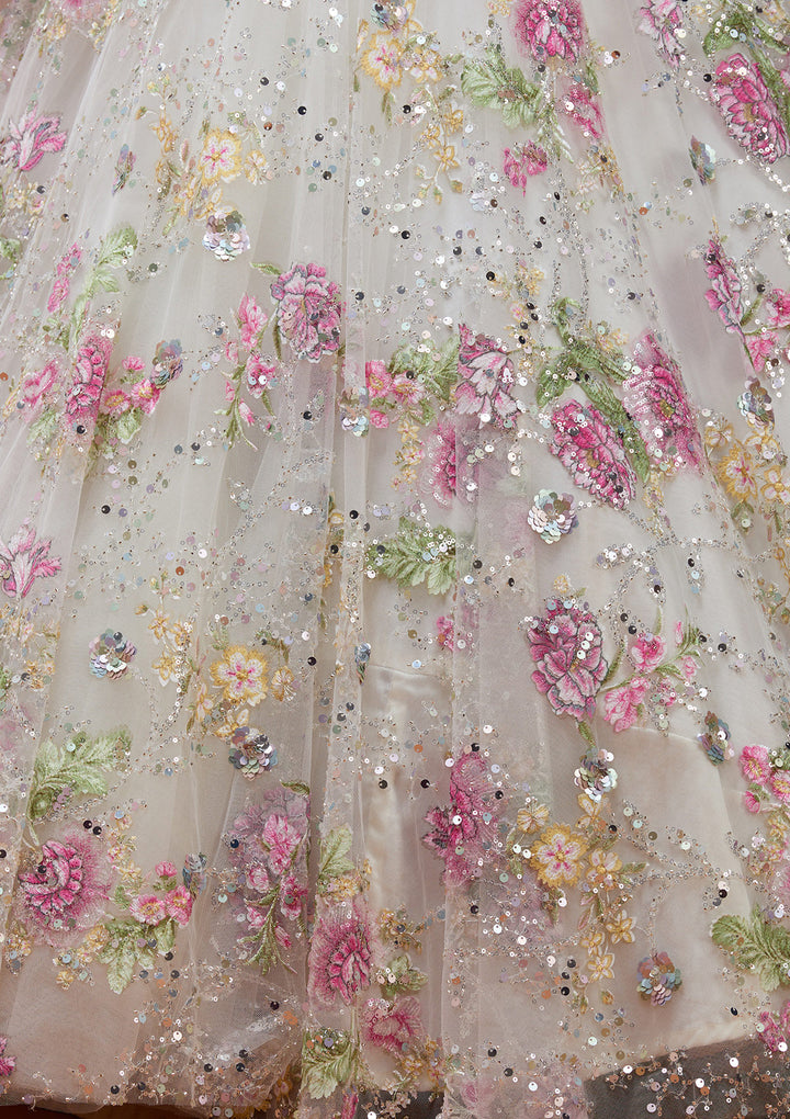 Off White Applique Net Fabric Readymade Lehenga