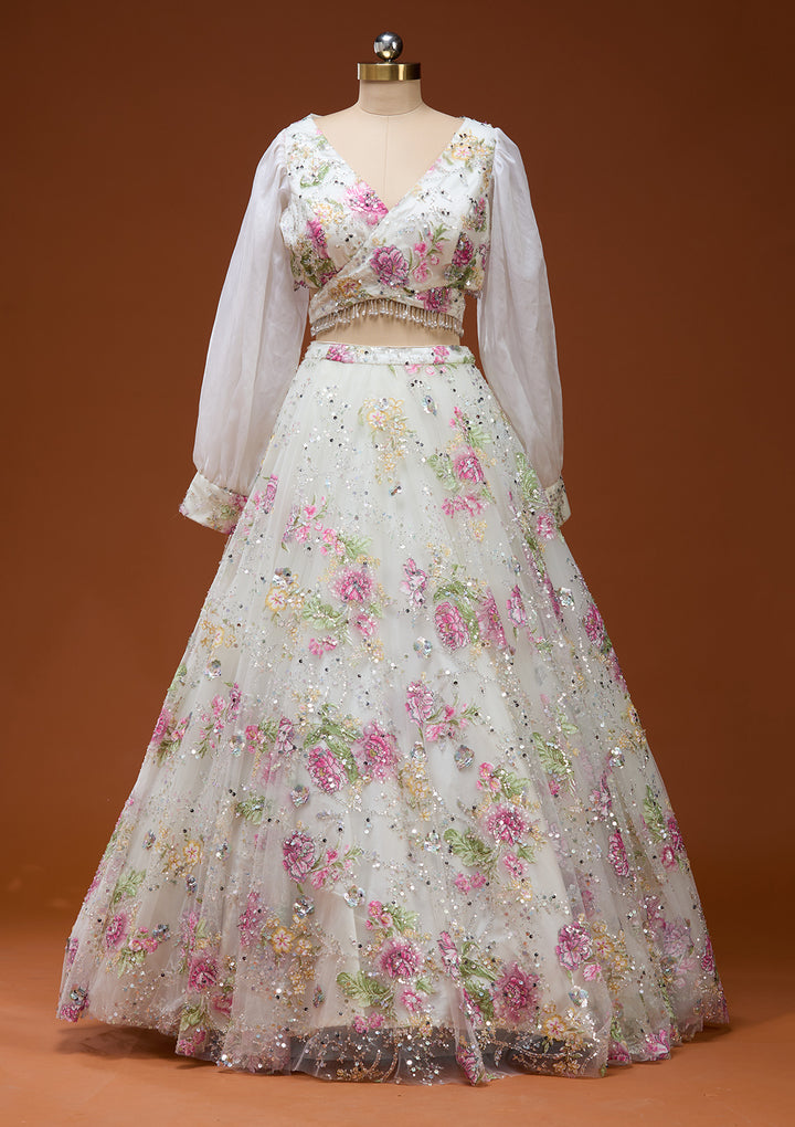 Off White Applique Net Fabric Readymade Lehenga