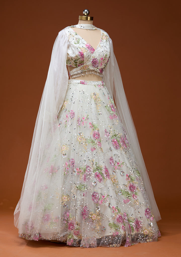 Off White Applique Net Fabric Readymade Lehenga