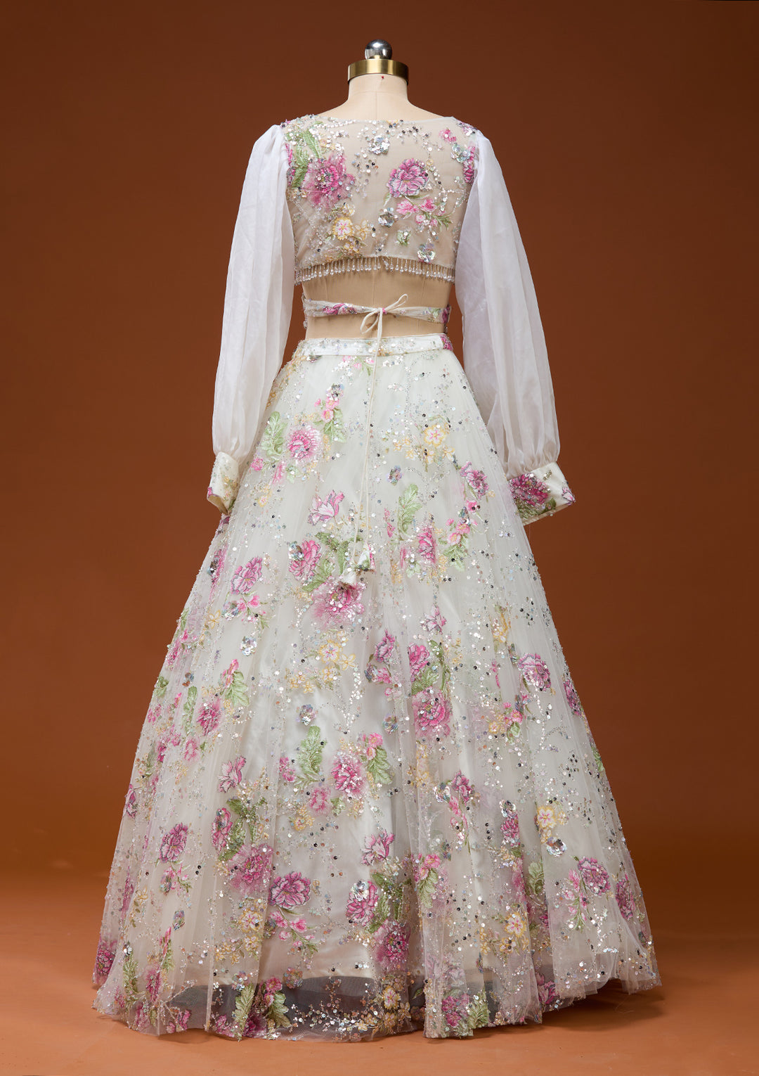 Off White Applique Net Fabric Readymade Lehenga