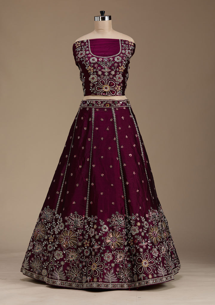 Koskii Satin Maroon Lehenga – Embellished with Zariwork