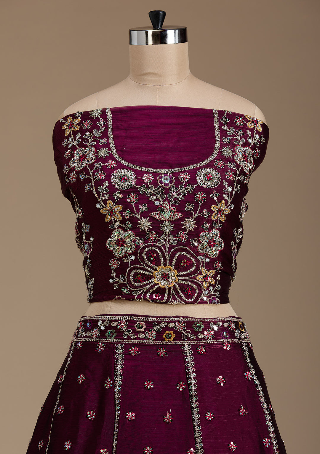 Koskii Satin Maroon Lehenga – Embellished with Zariwork