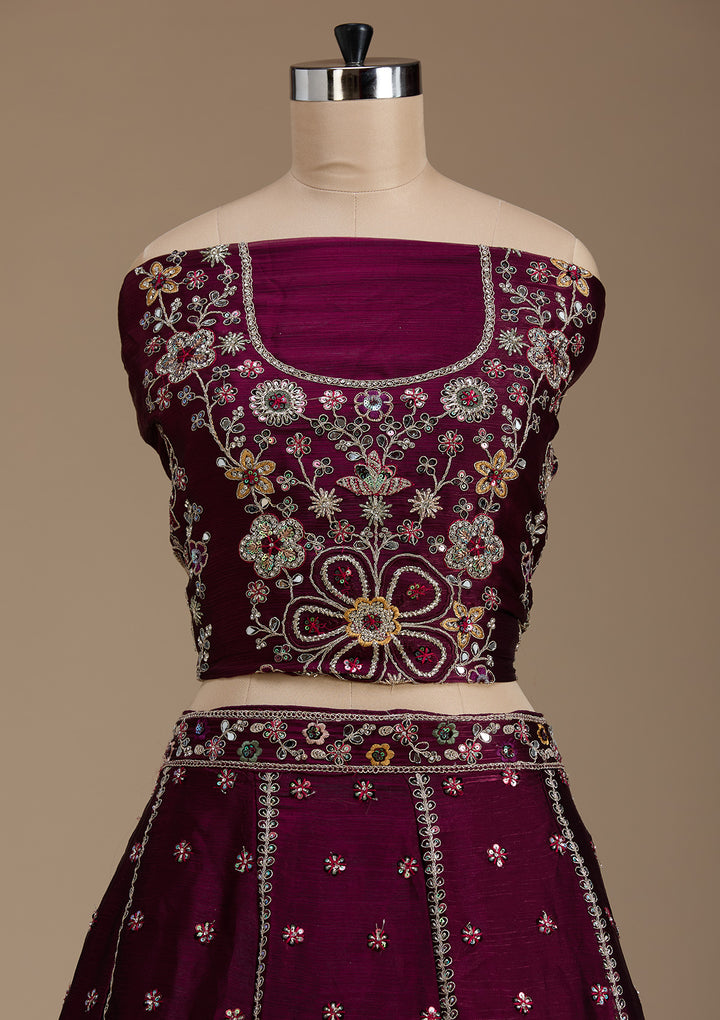 Koskii Satin Maroon Lehenga – Embellished with Zariwork