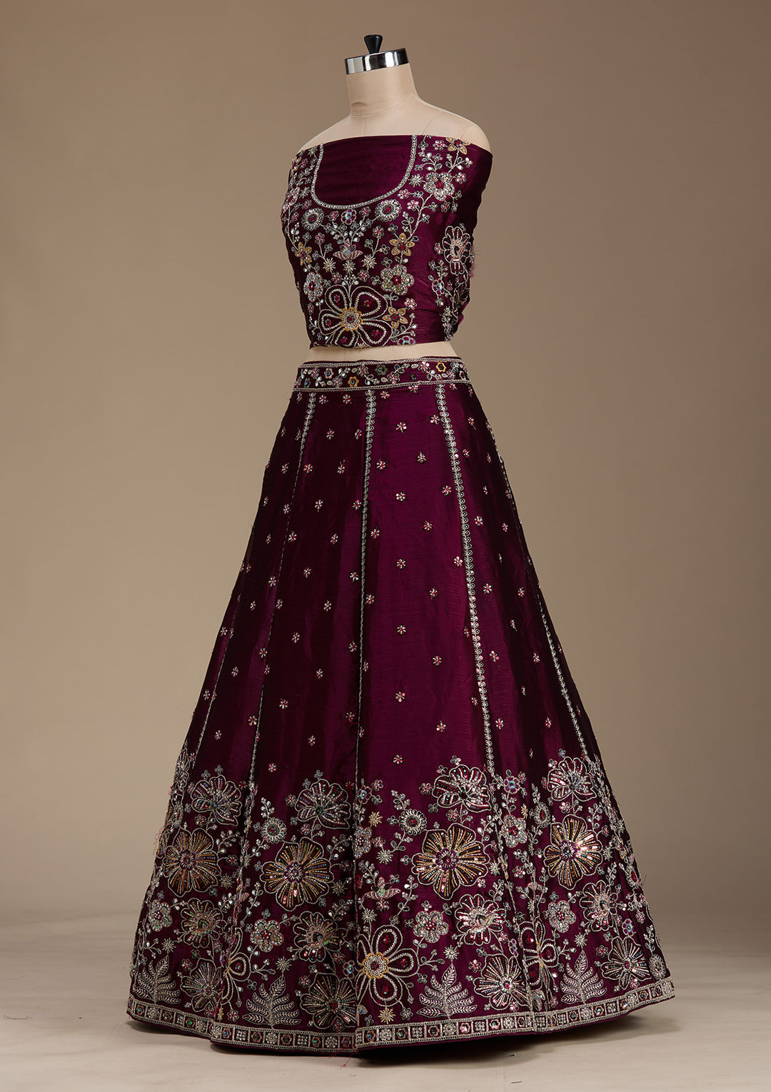 Koskii Satin Maroon Lehenga – Embellished with Zariwork