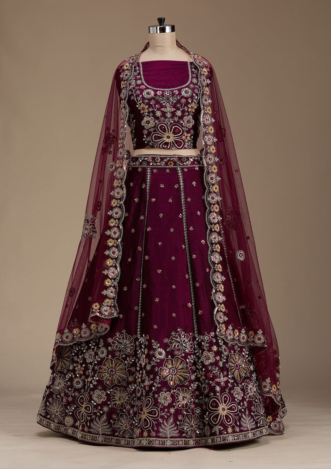 Koskii Satin Maroon Lehenga – Embellished with Zariwork