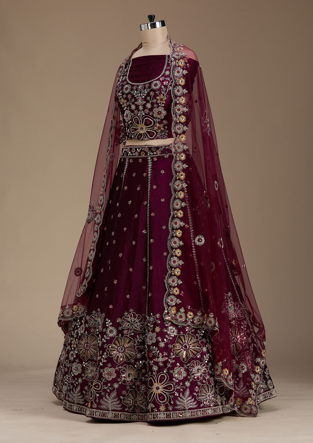 Koskii Satin Maroon Lehenga – Embellished with Zariwork