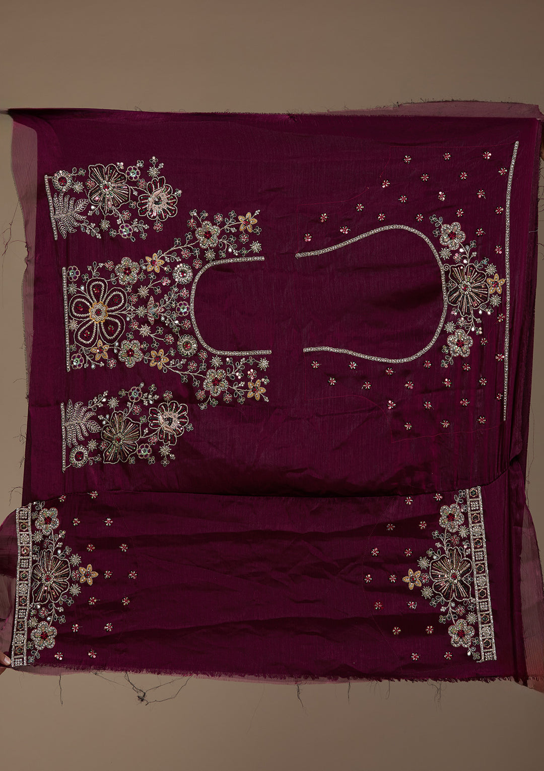 Koskii Satin Maroon Lehenga – Embellished with Zariwork