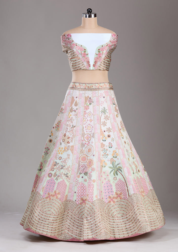 Pista Green Swarovski Raw Silk Semi-Stitched Lehenga