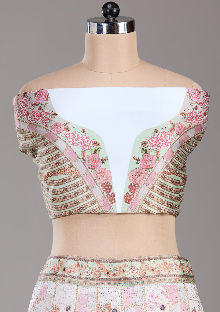 Pista Green Swarovski Raw Silk Semi-Stitched Lehenga