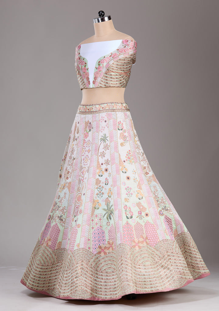 Pista Green Swarovski Raw Silk Semi-Stitched Lehenga