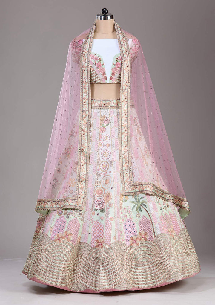 Pista Green Swarovski Raw Silk Semi-Stitched Lehenga