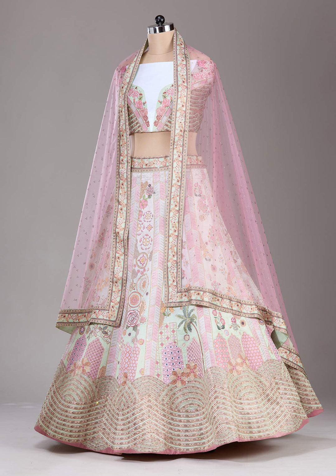 Pista Green Swarovski Raw Silk Semi-Stitched Lehenga