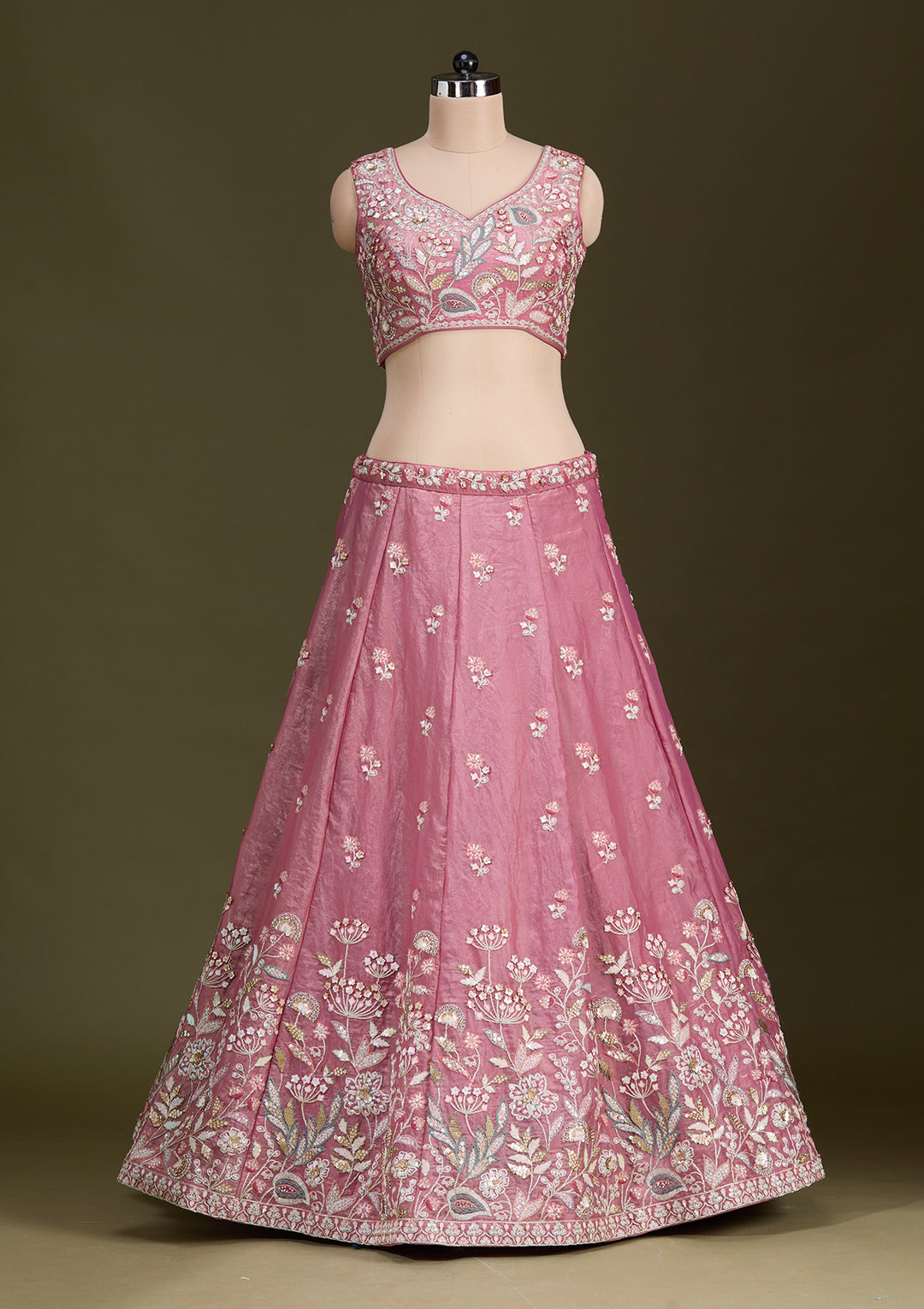 Peach Threadwork Tissue Readymade Lehenga