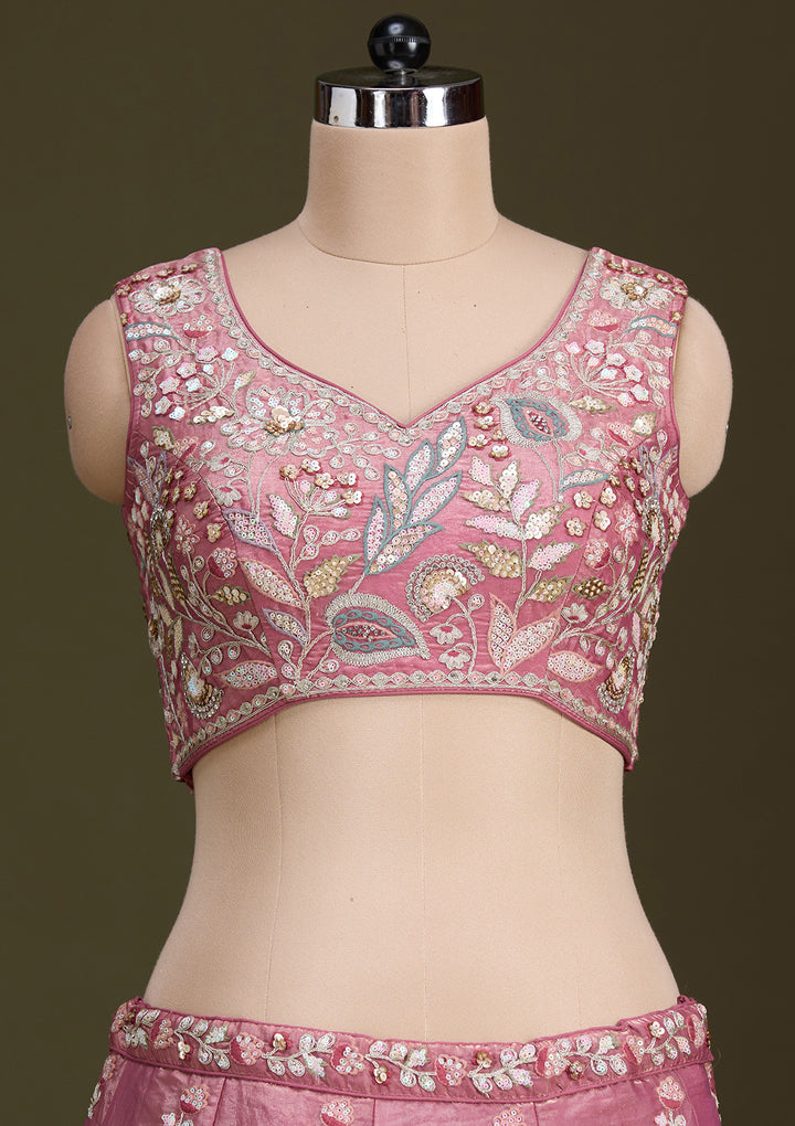 Peach Threadwork Tissue Readymade Lehenga