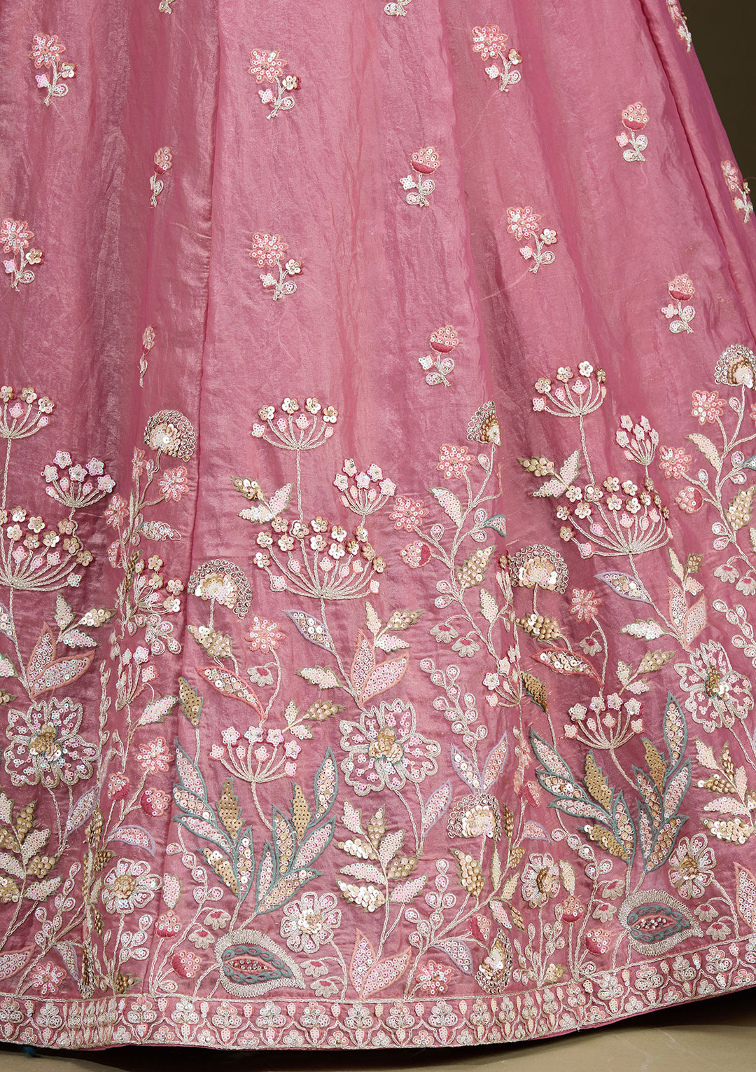 Peach Threadwork Tissue Readymade Lehenga