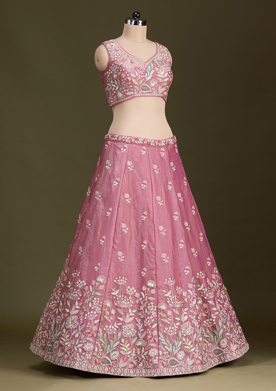 Peach Threadwork Tissue Readymade Lehenga