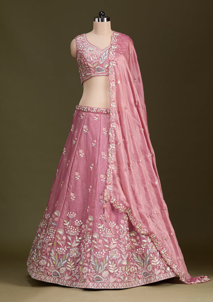 Peach Threadwork Tissue Readymade Lehenga
