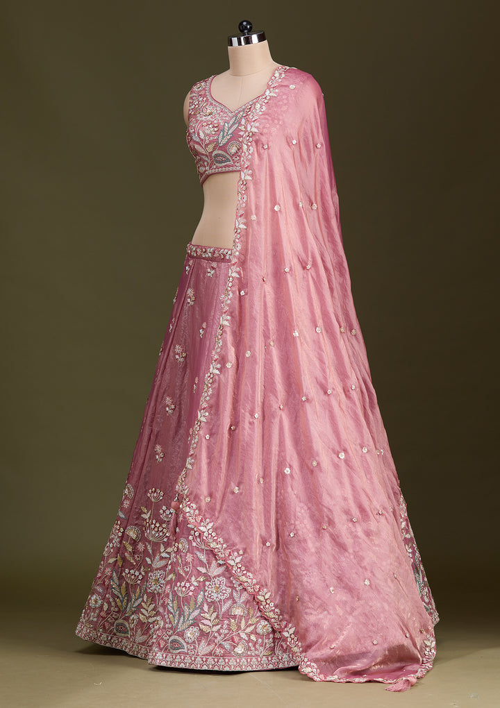Peach Threadwork Tissue Readymade Lehenga