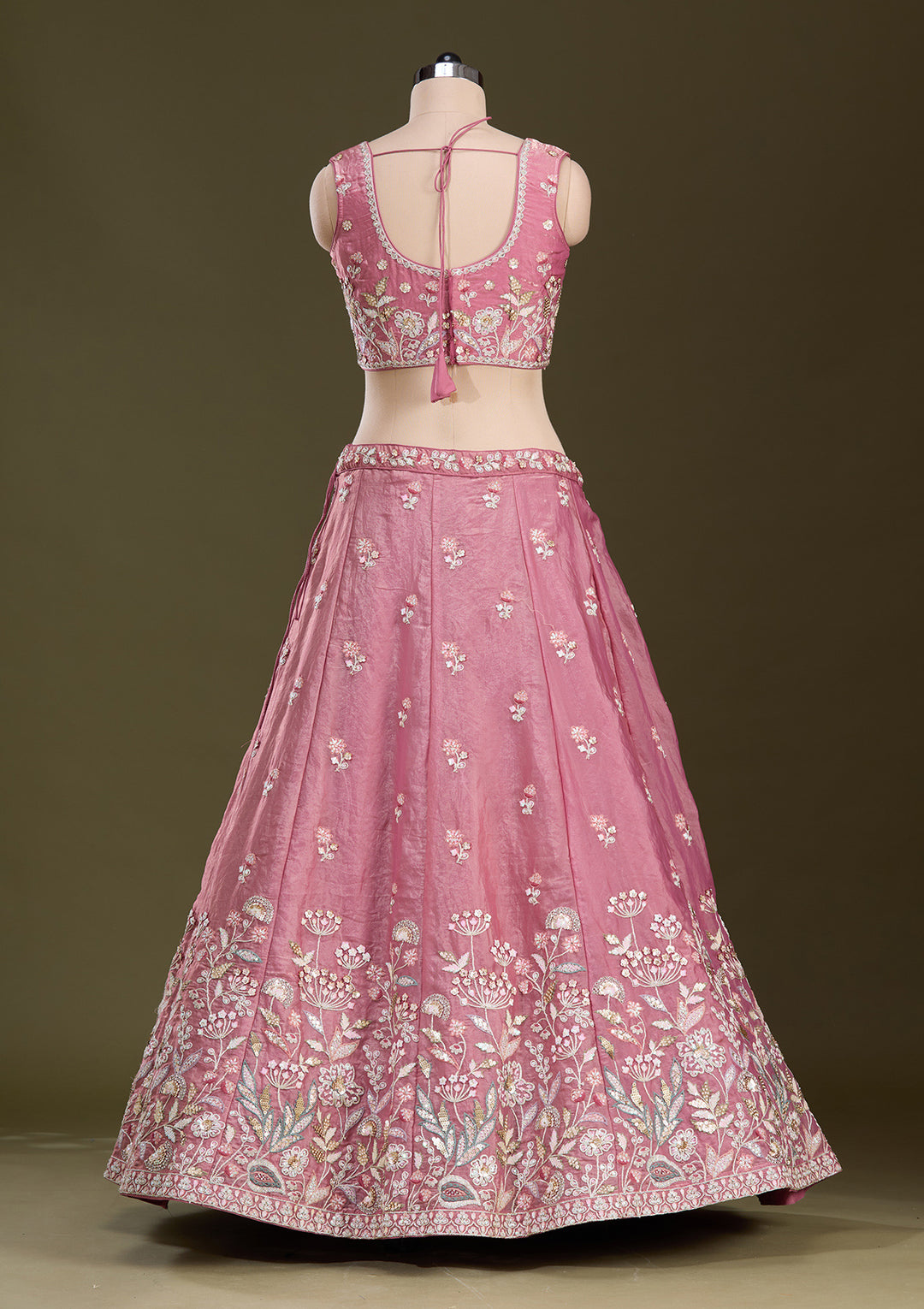 Peach Threadwork Tissue Readymade Lehenga