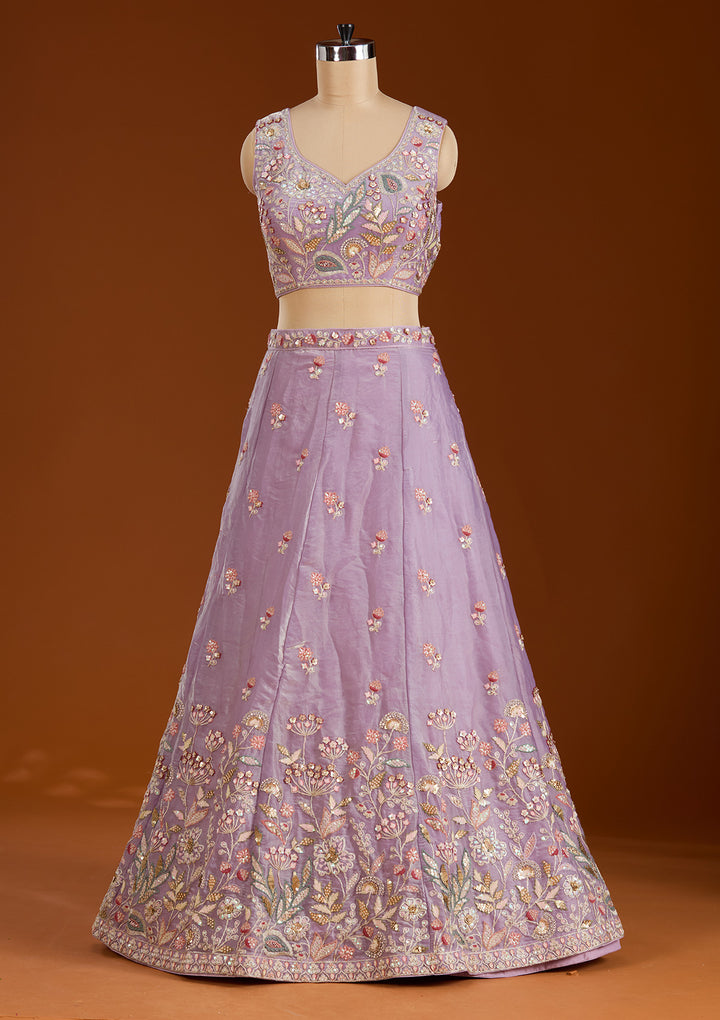 Purple Threadwork Tissue Readymade Lehenga